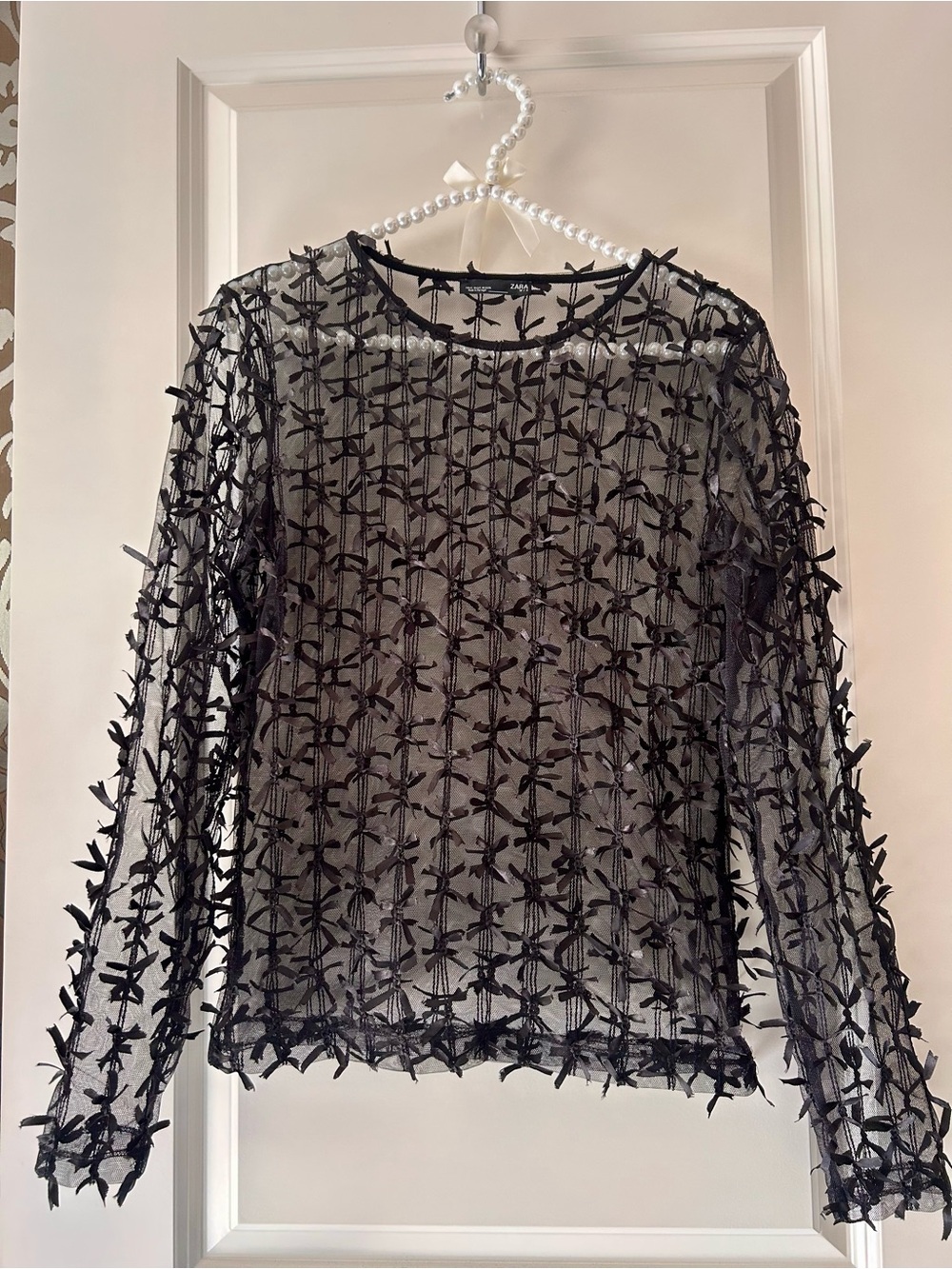 Zara Black Sheer Long-Sleeve Mesh Top with Bow Appliqués - Never Worn!